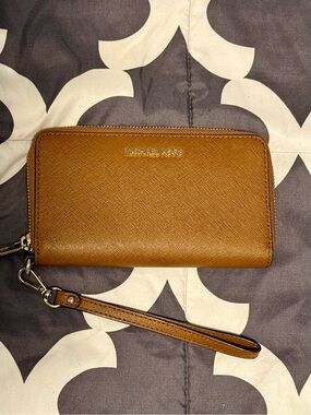 Michael Kors Tan Saffiano Leather Zip-Around Wristlet Wallet
